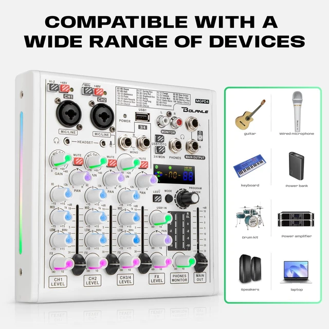 Alt view image 6 of 7 - 4-Channel DJ Mixer, USB Audio Interface, Bluetooth, DSP Effects | Combo XLR/TRS input accepts condenser and dynamic mics; perfect for podcast, karaoke, live streaming, and studio recording