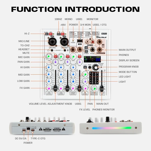 Alt view image 7 of 7 - 4-Channel DJ Mixer, USB Audio Interface, Bluetooth, DSP Effects | Combo XLR/TRS input accepts condenser and dynamic mics; perfect for podcast, karaoke, live streaming, and studio recording