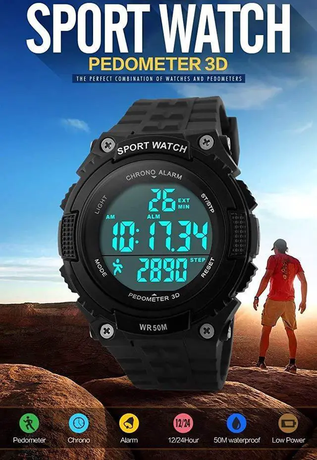 Alt view image 4 of 7 - JAYSUING Sports Waterproof Digital Fitness Watch Pedometer Multifunction Men's Wristwatches (Black)