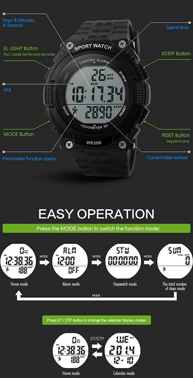 Alt view image 5 of 7 - JAYSUING Sports Waterproof Digital Fitness Watch Pedometer Multifunction Men's Wristwatches (Black)