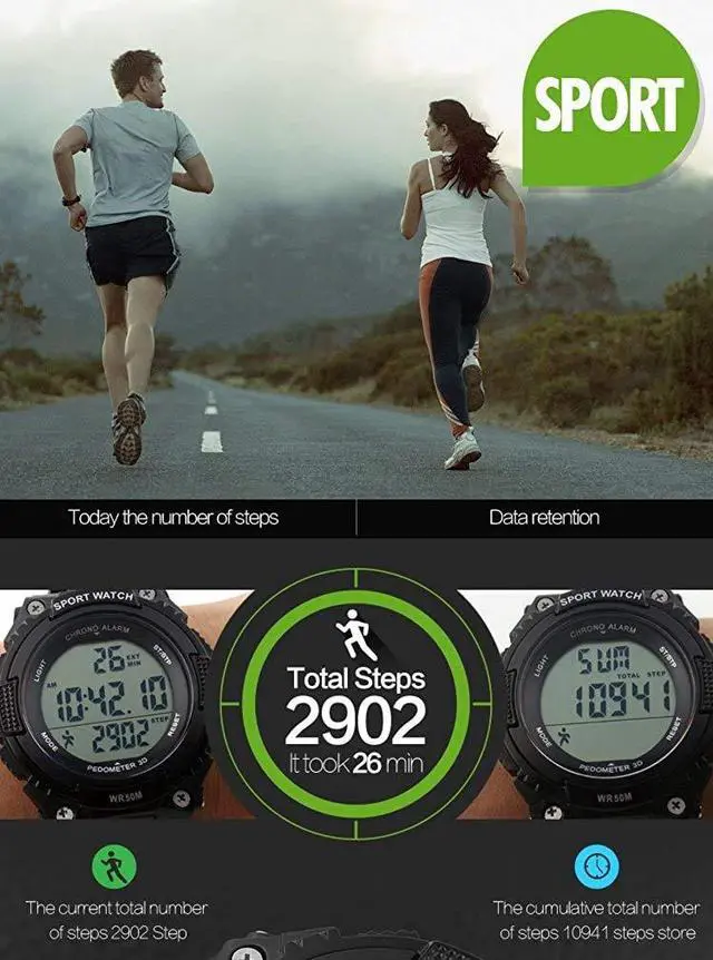 Alt view image 7 of 7 - JAYSUING Sports Waterproof Digital Fitness Watch Pedometer Multifunction Men's Wristwatches (Black)