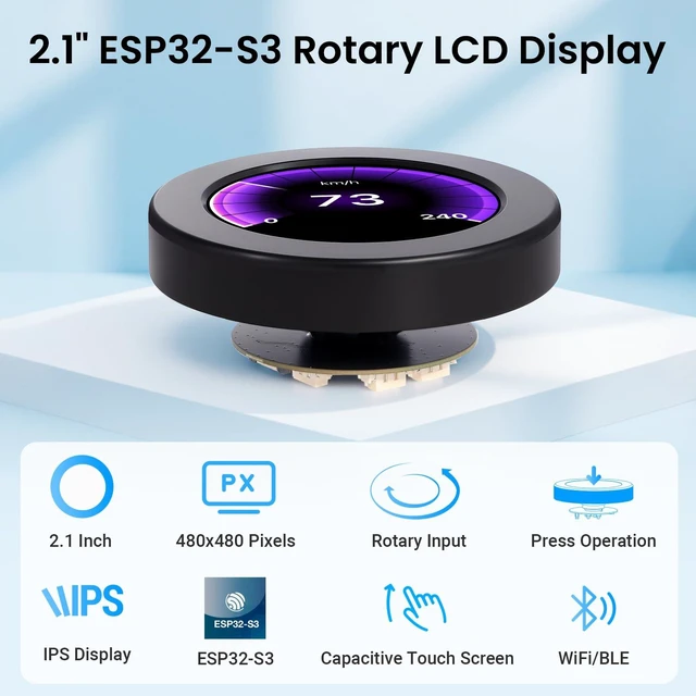 Alt view image 2 of 7 - 2.1" ESP32 Rotary Display 480x480 HMI IPS Round Knob Touch Display 2.4G WiFi and BLE Capacitive Rotary Touch Screen Development Board Compatible with Arduino IDE and the LVGL library, Black