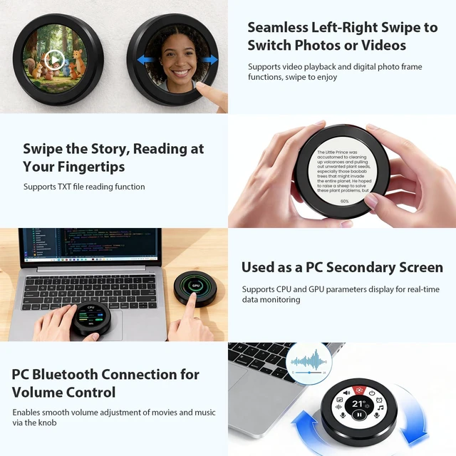 Alt view image 4 of 7 - 2.1" ESP32 Rotary Display 480x480 HMI IPS Round Knob Touch Display 2.4G WiFi and BLE Capacitive Rotary Touch Screen Development Board Compatible with Arduino IDE and the LVGL library, Black