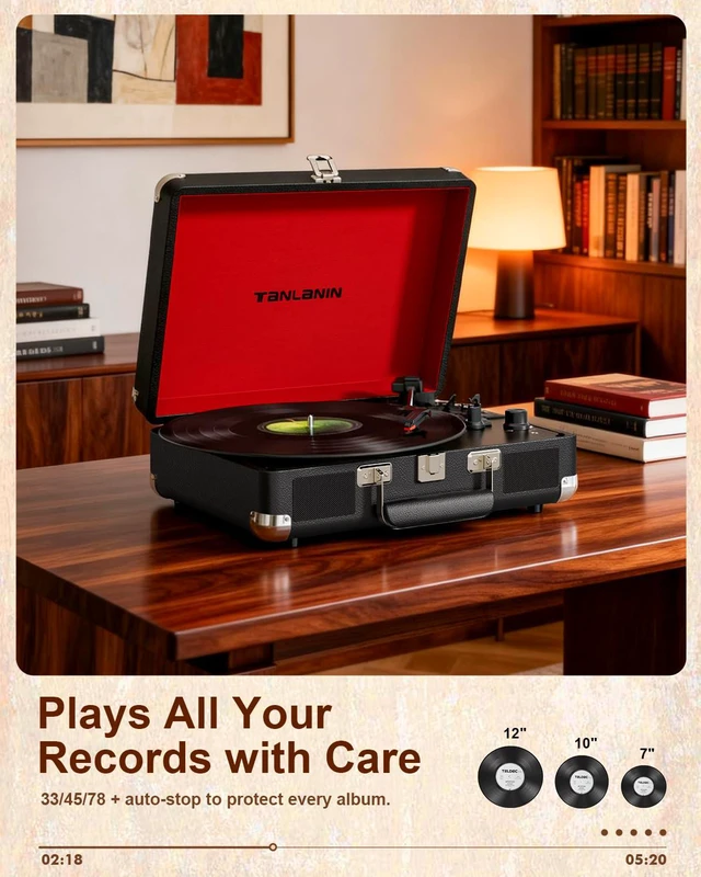 Alt view image 5 of 7 - TANALNIN Vinyl Record Player, 3-Speed Bluetooth Portable Suitcase Turntable with Built-in Speakers, USB Recording, RCA Output, AUX Input/Output, Vintage Vinyl Player for Home, Bedroom or Gifting,Black