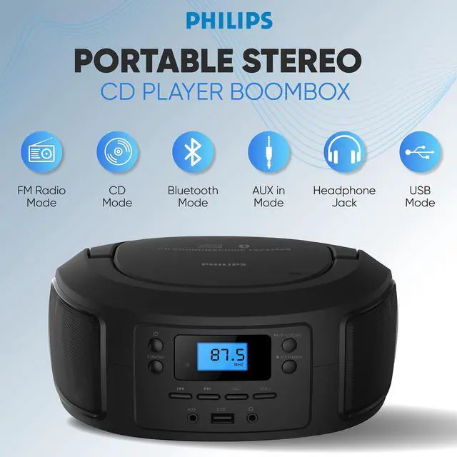 Alt view image 2 of 7 - CD Player Portable with Bluetooth, Crystal Clear Sound Top Loading CD Boombox with FM Radio, USB Port & Aux Input, Compact & Lightweight Design,R/CD-RW/MP3 Compatible (Black)