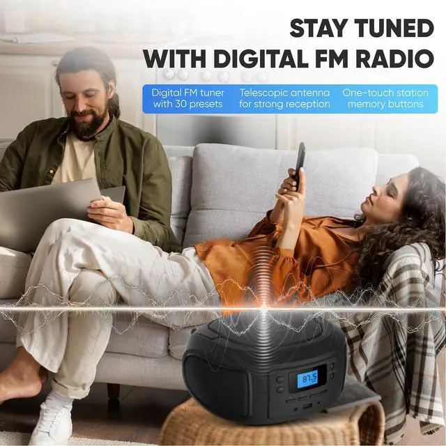 Alt view image 4 of 7 - CD Player Portable with Bluetooth, Crystal Clear Sound Top Loading CD Boombox with FM Radio, USB Port & Aux Input, Compact & Lightweight Design,R/CD-RW/MP3 Compatible (Black)