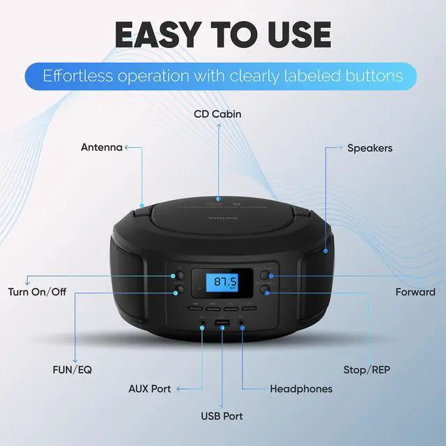 Alt view image 6 of 7 - CD Player Portable with Bluetooth, Crystal Clear Sound Top Loading CD Boombox with FM Radio, USB Port & Aux Input, Compact & Lightweight Design,R/CD-RW/MP3 Compatible (Black)