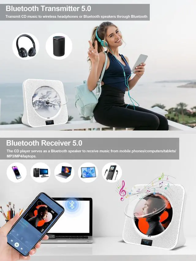 Alt view image 2 of 7 - Desktop CD Player Portable with Bluetooth - CD Players for Home with HiFi Speakers, FM Radio, Remote Control, LED Screen Display, Support CD/Bluetooth/USB/AUX, White CD Player for Gift