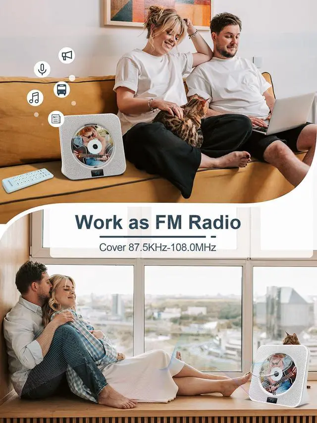 Alt view image 5 of 7 - Desktop CD Player Portable with Bluetooth - CD Players for Home with HiFi Speakers, FM Radio, Remote Control, LED Screen Display, Support CD/Bluetooth/USB/AUX, White CD Player for Gift