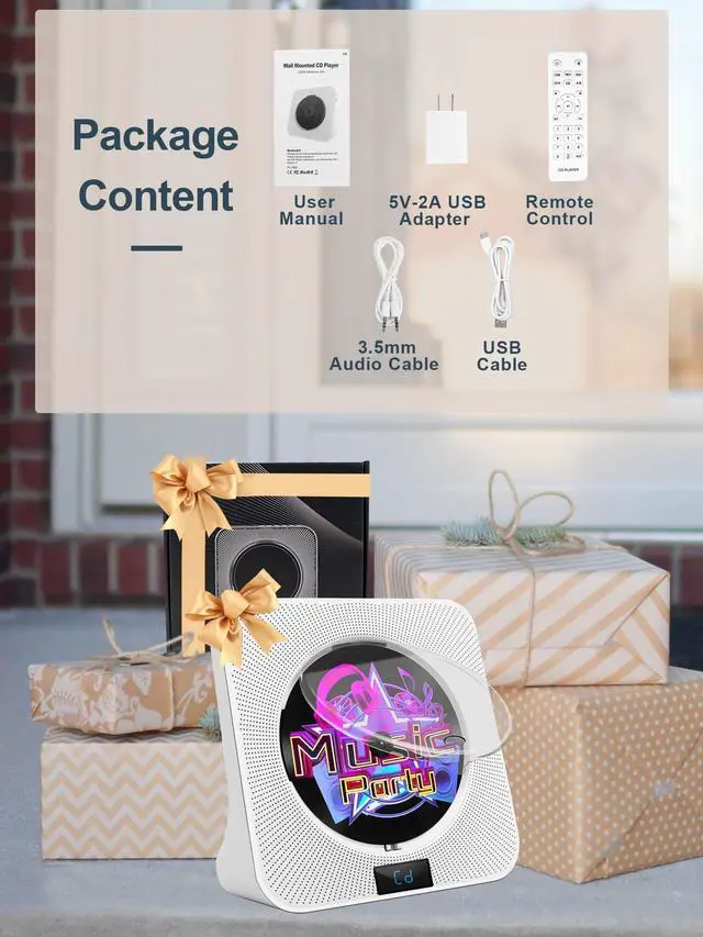 Alt view image 7 of 7 - Desktop CD Player Portable with Bluetooth - CD Players for Home with HiFi Speakers, FM Radio, Remote Control, LED Screen Display, Support CD/Bluetooth/USB/AUX, White CD Player for Gift