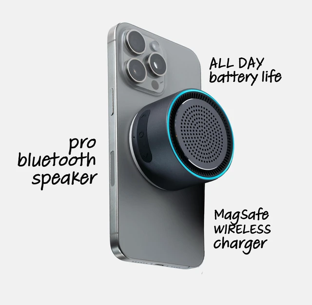 Alt view image 6 of 7 - Bluetooth Speaker with Magnetic Wireless Charger (Graphite), Portable Stereo Sync TWS, Booming Bass, up to 10H, IPX7 Waterproof, Aluminum Unibody Design for Home/Outdoor/Beach, Gift for Men