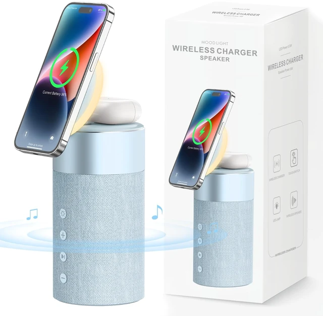 Main image of Bluetooth Speaker, Night Light, 15W Magnetic Fast Charging for Apple, Blue 2 in 1 Wireless Charging Station for iPhone 17/16/15/14/13/12 Series, AirPods Pro 2/4/3/2Gift Ideal