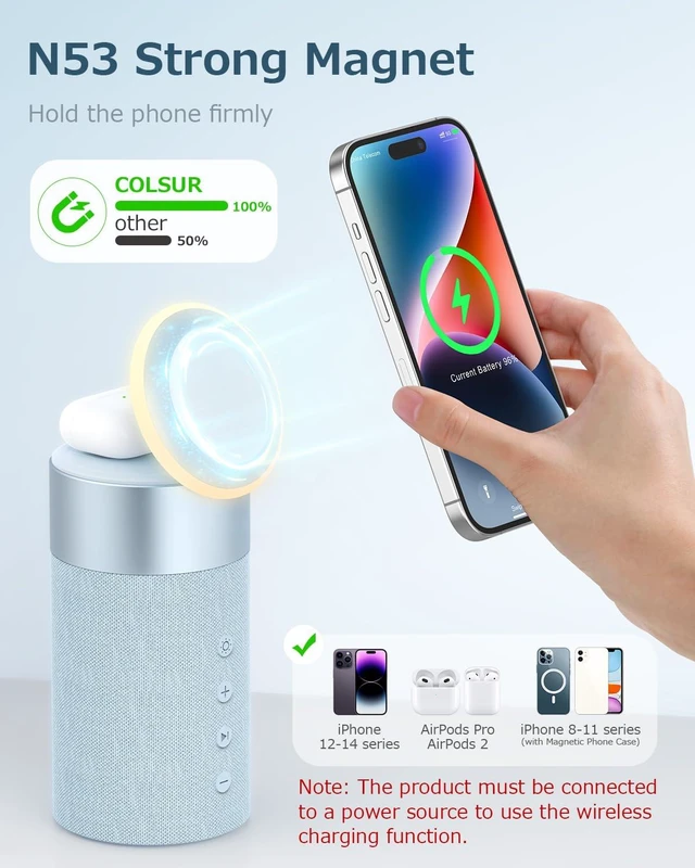 Alt view image 3 of 7 - Bluetooth Speaker, Night Light, 15W Magnetic Fast Charging for Apple, Blue 2 in 1 Wireless Charging Station for iPhone 17/16/15/14/13/12 Series, AirPods Pro 2/4/3/2Gift Ideal