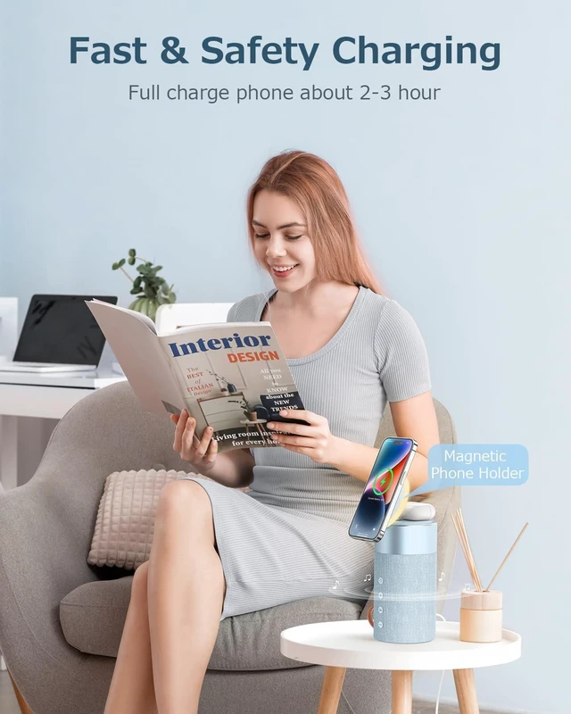 Alt view image 6 of 7 - Bluetooth Speaker, Night Light, 15W Magnetic Fast Charging for Apple, Blue 2 in 1 Wireless Charging Station for iPhone 17/16/15/14/13/12 Series, AirPods Pro 2/4/3/2Gift Ideal