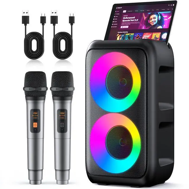 Main image of Karaoke Machine for Adults Kids, Portable Bluetooth Speaker with 2 Wireless Microphones, TWS Mode & LED Light, 10H Battery PA System Stage Monitors,Home Party Outdoor Birthday Easter Gifts(Black)