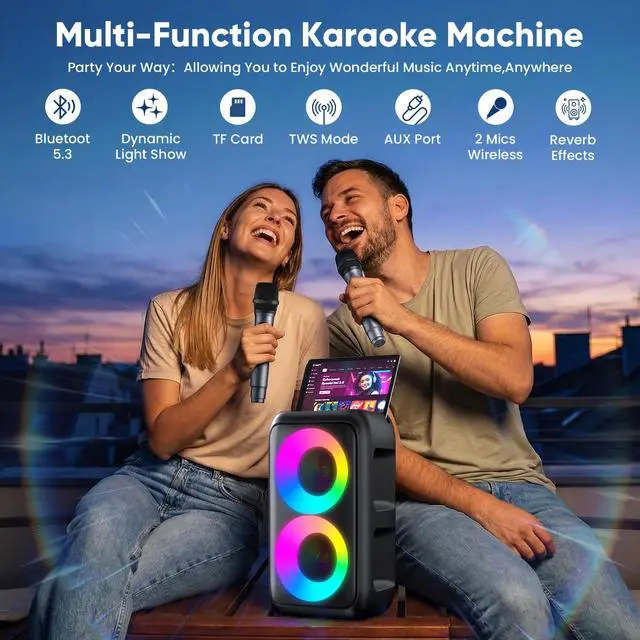 Alt view image 2 of 7 - Karaoke Machine for Adults Kids, Portable Bluetooth Speaker with 2 Wireless Microphones, TWS Mode & LED Light, 10H Battery PA System Stage Monitors,Home Party Outdoor Birthday Easter Gifts(Black)