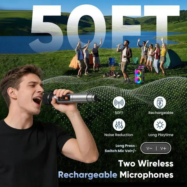 Alt view image 3 of 7 - Karaoke Machine for Adults Kids, Portable Bluetooth Speaker with 2 Wireless Microphones, TWS Mode & LED Light, 10H Battery PA System Stage Monitors,Home Party Outdoor Birthday Easter Gifts(Black)