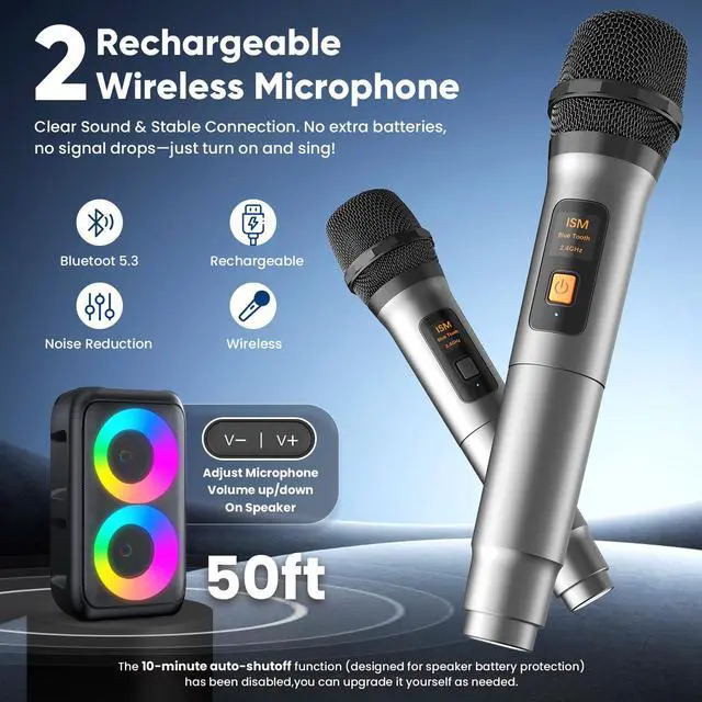 Alt view image 4 of 7 - Karaoke Machine for Adults Kids, Portable Bluetooth Speaker with 2 Wireless Microphones, TWS Mode & LED Light, 10H Battery PA System Stage Monitors,Home Party Outdoor Birthday Easter Gifts(Black)
