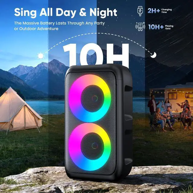 Alt view image 7 of 7 - Karaoke Machine for Adults Kids, Portable Bluetooth Speaker with 2 Wireless Microphones, TWS Mode & LED Light, 10H Battery PA System Stage Monitors,Home Party Outdoor Birthday Easter Gifts(Black)