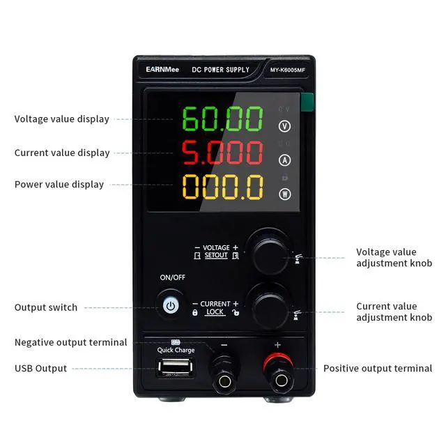 Alt view image 2 of 7 - DC Power Supply Variable,60V 5A 300W Adjustable Switching DC Regulated Bench Power Supply with High Precision 4-Digit LED Display, 9V/2A 18W USB Port, Coarse and Fine Adjustment