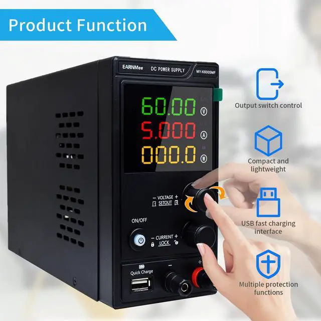 Alt view image 4 of 7 - DC Power Supply Variable,60V 5A 300W Adjustable Switching DC Regulated Bench Power Supply with High Precision 4-Digit LED Display, 9V/2A 18W USB Port, Coarse and Fine Adjustment