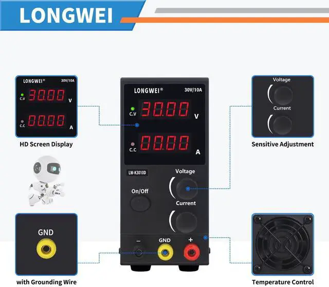 Alt view image 2 of 5 - DC Power Supply Variable,30V 10A 4 Digital LED Display Adjustable Regulated Switching Power Supply Digital with Leads Power Cord