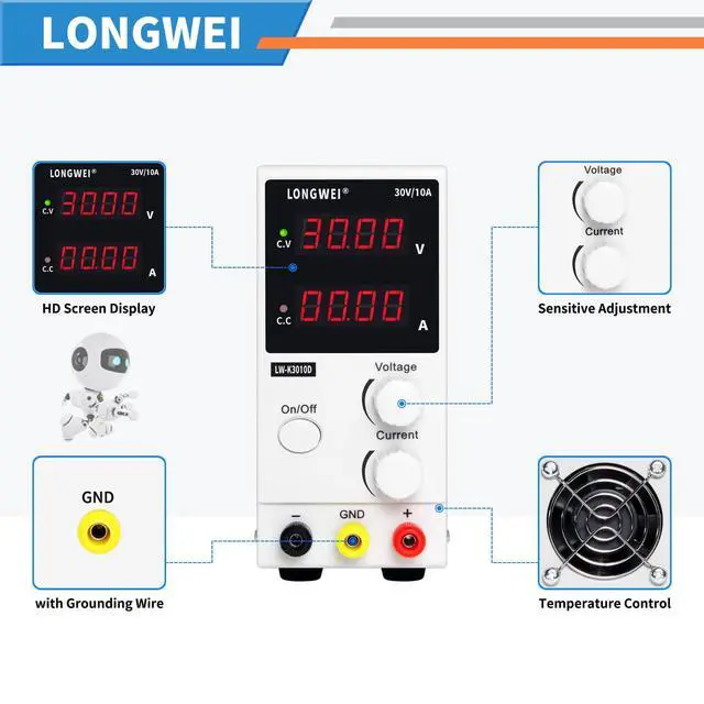 Alt view image 2 of 5 - Power Supply Variable 30V 10A, 4-Digital LED Display, Precision Adjustable Regulated Switching Power Supply Digital with Alligator Leads US Power Cord