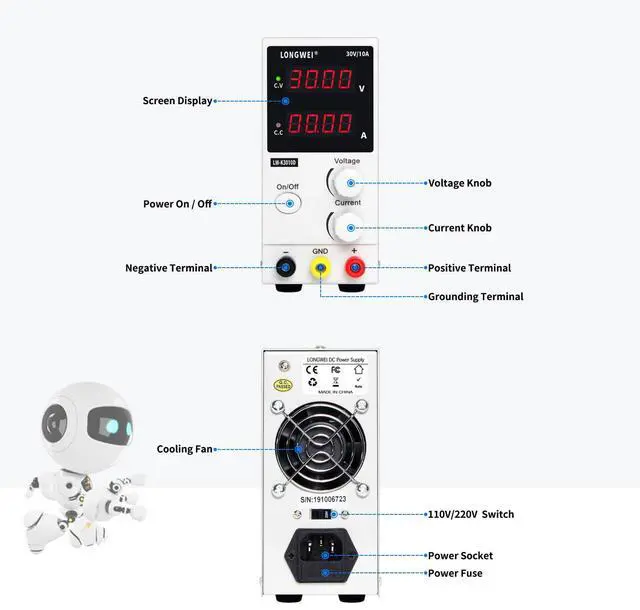 Alt view image 3 of 5 - Power Supply Variable 30V 10A, 4-Digital LED Display, Precision Adjustable Regulated Switching Power Supply Digital with Alligator Leads US Power Cord
