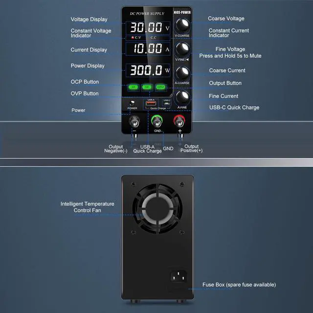 Alt view image 2 of 7 - DC Power Supply Variable 30V 10A, Adjustable Regulated DC Bench Power Supply with OCP/OVP/Output/Encoder/18W USB-A Type-C Fast Charge, Benchtop Lab Power Supplies with 4-Digit LED Display
