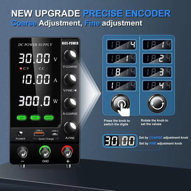 Alt view image 5 of 7 - DC Power Supply Variable 30V 10A, Adjustable Regulated DC Bench Power Supply with OCP/OVP/Output/Encoder/18W USB-A Type-C Fast Charge, Benchtop Lab Power Supplies with 4-Digit LED Display
