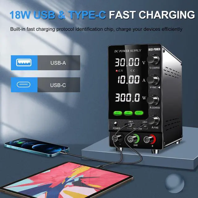 Alt view image 6 of 7 - DC Power Supply Variable 30V 10A, Adjustable Regulated DC Bench Power Supply with OCP/OVP/Output/Encoder/18W USB-A Type-C Fast Charge, Benchtop Lab Power Supplies with 4-Digit LED Display