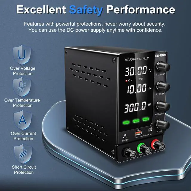 Alt view image 7 of 7 - DC Power Supply Variable 30V 10A, Adjustable Regulated DC Bench Power Supply with OCP/OVP/Output/Encoder/18W USB-A Type-C Fast Charge, Benchtop Lab Power Supplies with 4-Digit LED Display