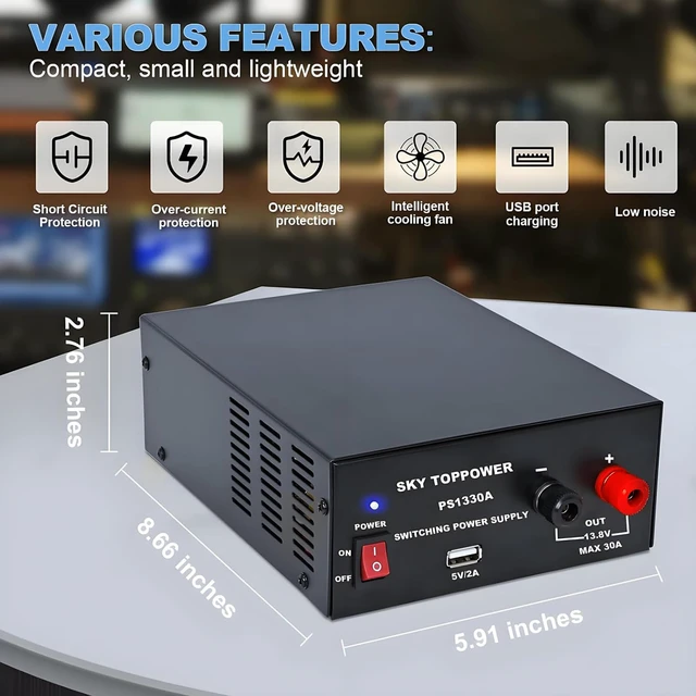 Alt view image 5 of 7 - 13.8V 30A DC Power Supply for Ham Radio,30 Amp Compact Regulated Bench Power Supply Lab Benchtop AC to DC Converter,Cooling Fan,5V 2A USB Interface,Powering Ham Radio, Amplifiers, PS1330A