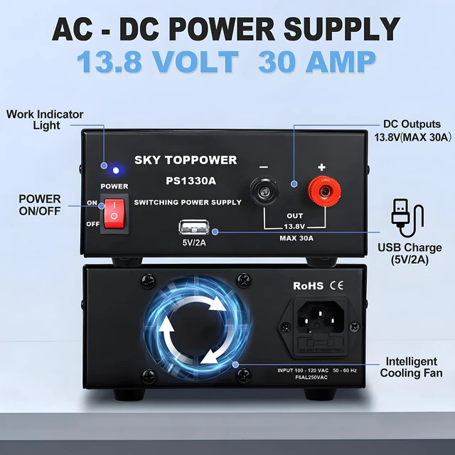Alt view image 7 of 7 - 13.8V 30A DC Power Supply for Ham Radio,30 Amp Compact Regulated Bench Power Supply Lab Benchtop AC to DC Converter,Cooling Fan,5V 2A USB Interface,Powering Ham Radio, Amplifiers, PS1330A