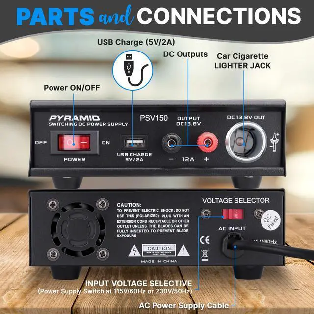 Alt view image 2 of 7 - Universal Compact Bench Power Supply- 12Amp Variable Linear Regulated Home Lab Benchtop AC-DC Power Converter - USB Port,Cigarette Lighter,115/230V AC,Screw Terminal,Cooling Fan - PSV150,Black
