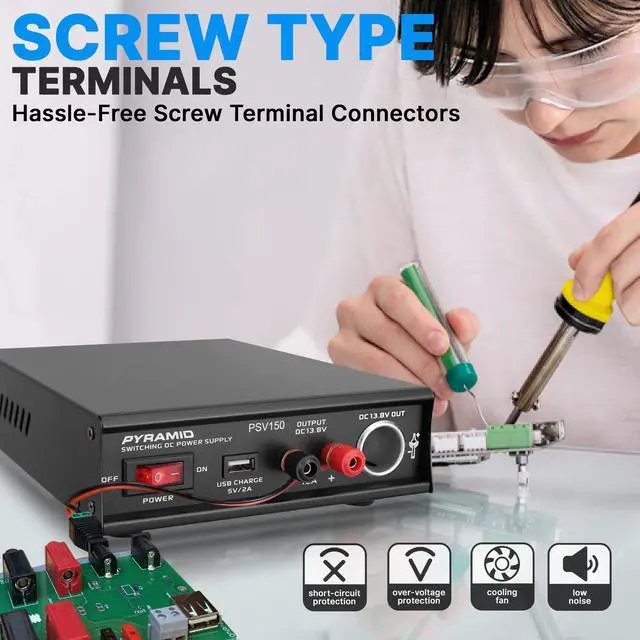 Alt view image 3 of 7 - Universal Compact Bench Power Supply- 12Amp Variable Linear Regulated Home Lab Benchtop AC-DC Power Converter - USB Port,Cigarette Lighter,115/230V AC,Screw Terminal,Cooling Fan - PSV150,Black