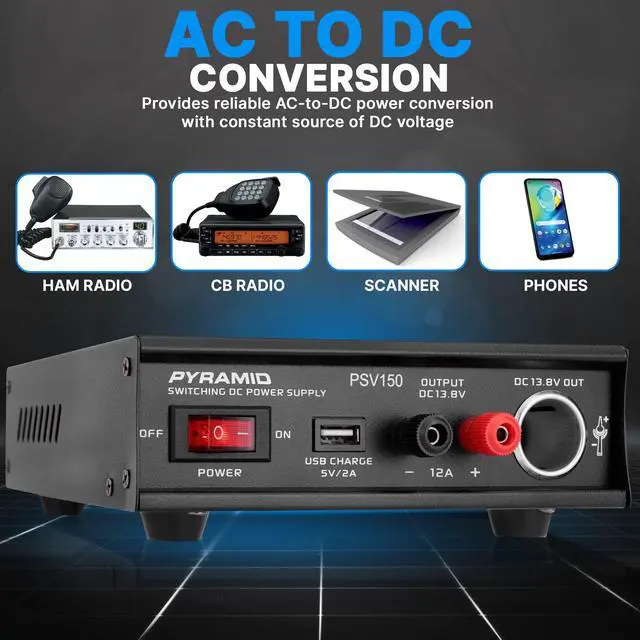 Alt view image 6 of 7 - Universal Compact Bench Power Supply- 12Amp Variable Linear Regulated Home Lab Benchtop AC-DC Power Converter - USB Port,Cigarette Lighter,115/230V AC,Screw Terminal,Cooling Fan - PSV150,Black