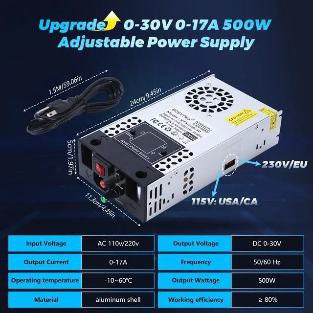 Alt view image 2 of 7 - Upgraded AC to DC Converter 5V 12V 24V 30V DC Power Supply Adjustable 0-30V 0-17A 500W Switching Power Supply for Led Strip, Motor Pump, CCTV, 3D Printer, Lab Computer