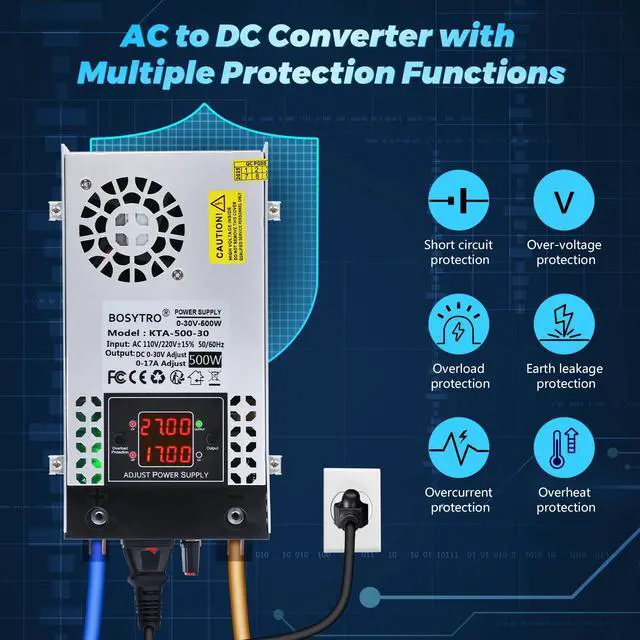 Alt view image 5 of 7 - Upgraded AC to DC Converter 5V 12V 24V 30V DC Power Supply Adjustable 0-30V 0-17A 500W Switching Power Supply for Led Strip, Motor Pump, CCTV, 3D Printer, Lab Computer