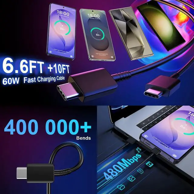 Alt view image 3 of 6 - USB C Android Charger Fast Charging Cord, Super Fast Phone Chargers 10FT+6.6FT C to C Type Cable with 25W USBC Wall Block for Samsung Galaxy S26 S25 S24 Ultra Plus/S23/S22/S21/S20/Note 20/10, Black