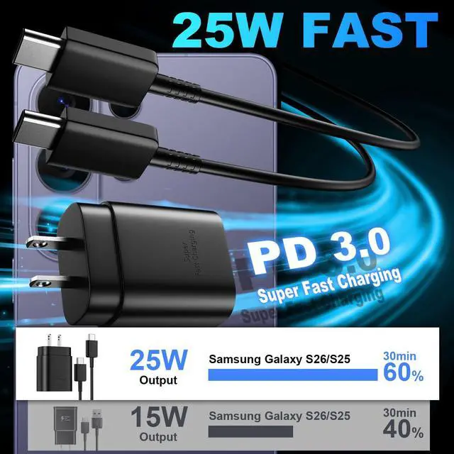 Alt view image 2 of 6 - USB C Android Charger Fast Charging Cord, Super Fast Phone Chargers 10FT+6.6FT C to C Type Cable with 25W USBC Wall Block for Samsung Galaxy S26 S25 S24 Ultra Plus/S23/S22/S21/S20/Note 20/10, Black