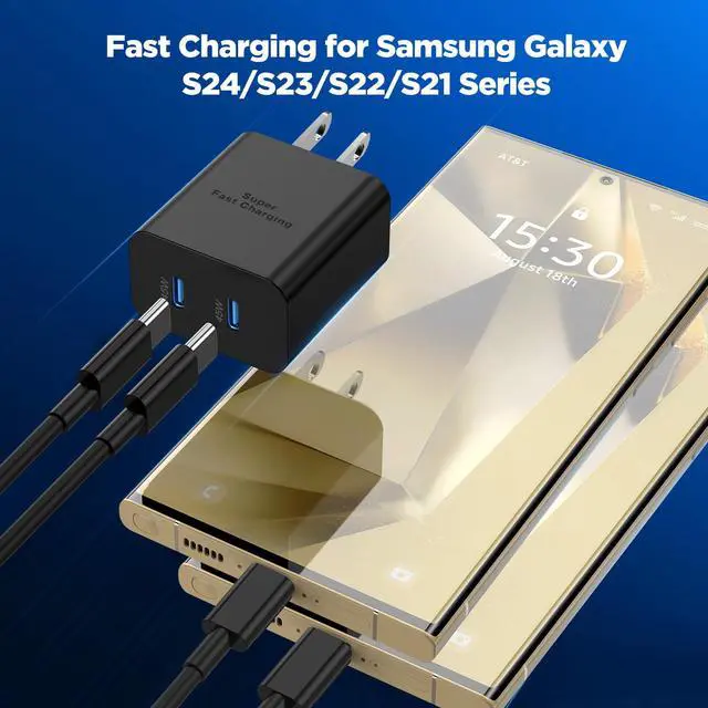 Alt view image 2 of 7 - Dual Port 45W Super Fast Charger and Long USB C to C Cable 10ft, Type C Wall Block/Android Phone Charging Cord for Samsung Galaxy S25/S24 Ultra/S23+/S22 Plus/S21/S20/Note 20/10/iPhone 17 16 15 Pro Max