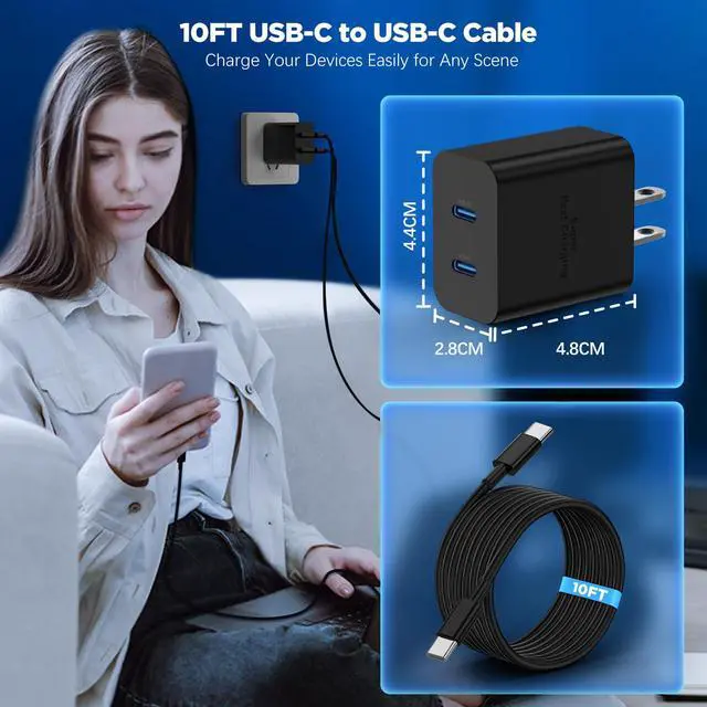 Alt view image 6 of 7 - Dual Port 45W Super Fast Charger and Long USB C to C Cable 10ft, Type C Wall Block/Android Phone Charging Cord for Samsung Galaxy S25/S24 Ultra/S23+/S22 Plus/S21/S20/Note 20/10/iPhone 17 16 15 Pro Max