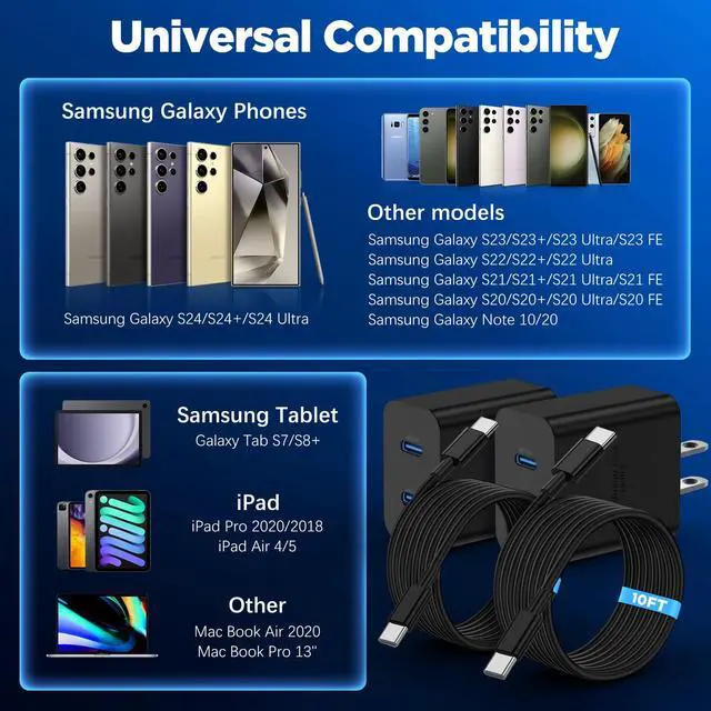 Alt view image 7 of 7 - Dual Port 45W Super Fast Charger and Long USB C to C Cable 10ft, Type C Wall Block/Android Phone Charging Cord for Samsung Galaxy S25/S24 Ultra/S23+/S22 Plus/S21/S20/Note 20/10/iPhone 17 16 15 Pro Max