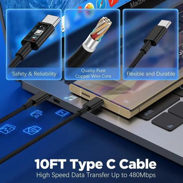 Alt view image 4 of 7 - Dual Port 45W Super Fast Charger and Long USB C to C Cable 10ft, Type C Wall Block/Android Phone Charging Cord for Samsung Galaxy S25/S24 Ultra/S23+/S22 Plus/S21/S20/Note 20/10/iPhone 17 16 15 Pro Max