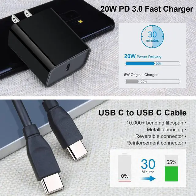 Alt view image 2 of 7 - Type C Charger Fast Charging, 2Pack 20W Android Phone Super Fast Charger Block with 6FT USB C to C Cable for Samsung Galaxy S26 Ultra S25 S24 FE A16 5G A15 A14 A56 A36 S23, Pixel 10a 9 Pro XL 8a 7 Pro