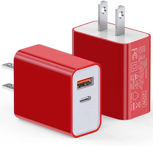 Main image of 2Pieces USB C Wall Charging Block, 20W 2Port Fast USBC PD3.0 Power Adapter Type C Charger Brick Cube Plug for iPhone 13 14 15 16 17 Pro Max Mini 11 XS X 8, iPad, Samsung, Google, Tablet, Android, Red