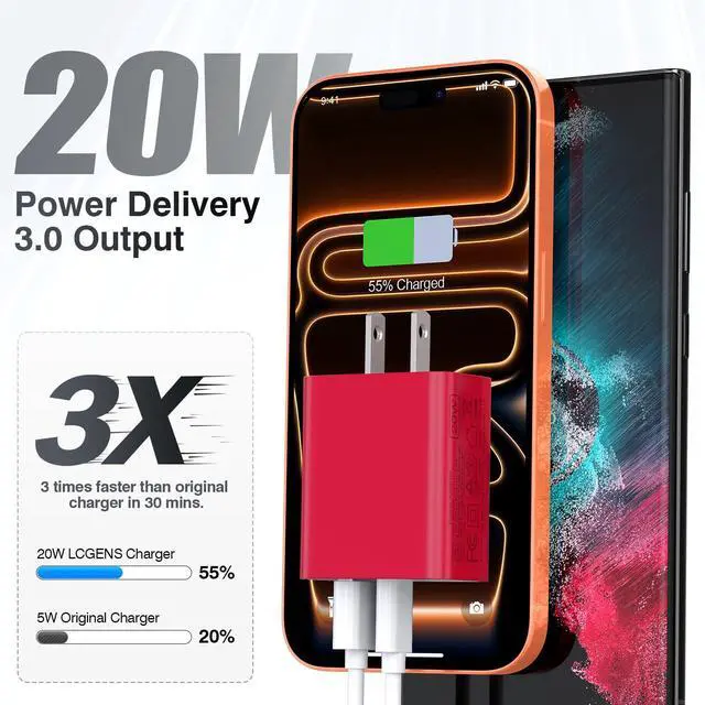 Alt view image 2 of 7 - 2Pieces USB C Wall Charging Block, 20W 2Port Fast USBC PD3.0 Power Adapter Type C Charger Brick Cube Plug for iPhone 13 14 15 16 17 Pro Max Mini 11 XS X 8, iPad, Samsung, Google, Tablet, Android, Red