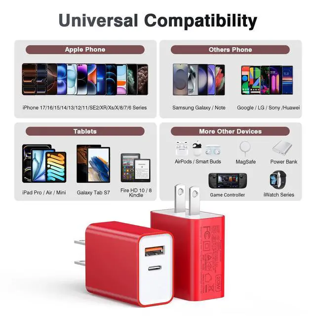 Alt view image 3 of 7 - 2Pieces USB C Wall Charging Block, 20W 2Port Fast USBC PD3.0 Power Adapter Type C Charger Brick Cube Plug for iPhone 13 14 15 16 17 Pro Max Mini 11 XS X 8, iPad, Samsung, Google, Tablet, Android, Red
