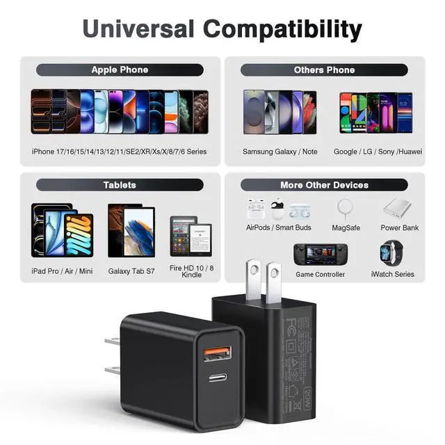 Alt view image 3 of 6 - 20W USB C Wall Charger for iPhone 17/16/15/14/13/13 Mini/13 Pro Max/12/12 Pro/12 Pro Max Cube, 2 Pack Dual Port Fast Charging Brick Block Plug Box Base Adapter for iPad, iPod, Watch Series 8 7, Black